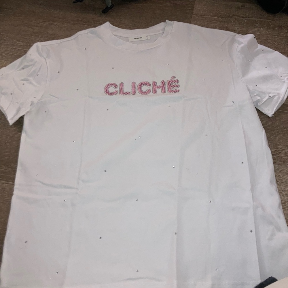 Reserved White Tee with Pink Cliché print glitter stones